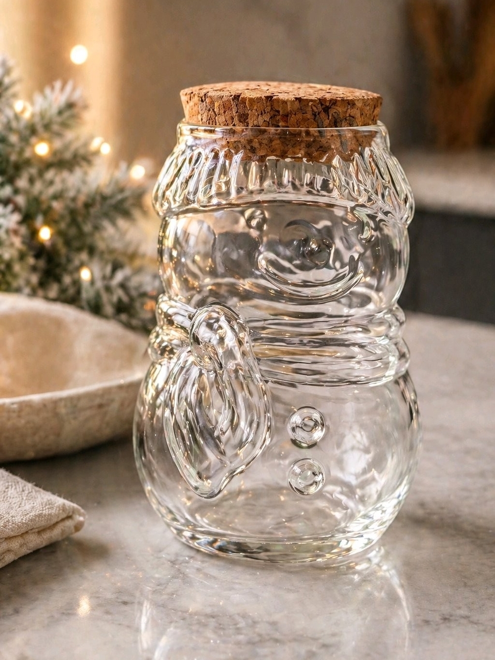 Vintage Christmas Libbey Glass Snowman Candy Jar Cork Lid